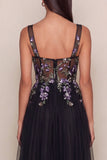 Black Appliqued A-Line Tulle Square Neck Midi Dress