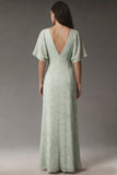 Dusty Sage V Neck Chiffon A Line Midi Dress with Short Sleeves