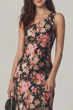 Black Pink Flower One Shoulder Sheath Satin Midi Dress