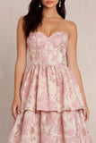 Blush Flower Jacquard Tiered A-Line Corset Strapless Satin Midi Dress