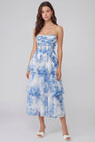 White Blue Flower Tulle A-Line Corset Strapless Tiered Midi Dress