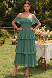 Eucalyptus Chiffon Tiered Pleated Off the Shoulder A-Line Midi Dress