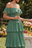 Eucalyptus Chiffon Tiered Pleated Off the Shoulder A-Line Midi Dress