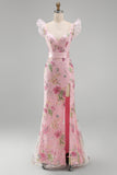 Pink Mermaid Sequins V-Neck Long Prom Dress with Slit