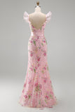 Pink Mermaid Sequins V-Neck Long Prom Dress with Slit