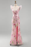 Pink Mermaid Sequins V-Neck Long Prom Dress with Slit