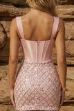 Pink Thick Straps Corset Bodycon Homecoming Dress with Sequins