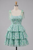 Light Green Thick Straps Tiered A-Line Floral Homecoming Dress