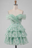Light Green Off the Shoulder Tiered A-Line Floral Homecoming Dress