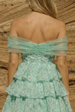 Light Green Off the Shoulder Tiered A-Line Floral Homecoming Dress
