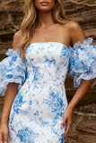 Blue Off the Shoulder Floral Bodycon Homecoming Dress