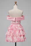 A-Line Off the Shoulder Pink Corset Floral Tiered Homecoming Dress with Bow
