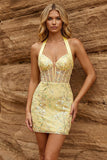 Yellow Sheer Corset Halter Neck Bodycon Floral Homecoming Dress with Sequins