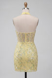 Yellow Sheer Corset Halter Neck Bodycon Floral Homecoming Dress with Sequins