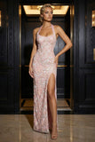 Pink Appliqued Halter Corset Sheath Long Evening Dress with Slit
