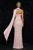 Pink Embroidery Strapless Corset Sheath Long Evening Dress with Slit