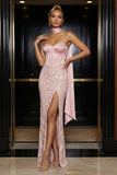 Pink Embroidery Strapless Corset Sheath Long Evening Dress with Slit