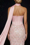 Pink Embroidery Strapless Corset Sheath Long Evening Dress with Slit