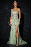 Green Embroidery Halter Corset Mermaid Evening Dress with Slit