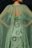 Green Spaghetti Straps Embroidery Corset Ruffled Mermaid Evening Dress with Slit