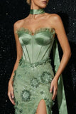 Green Embroidery Ruffled Strapless Corset Mermaid Evening Dress with Slit