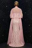 Sparkly Pink Sequins Strapless Corset Mermaid Evening Dress with Slit and Cloak