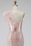 Pink Satin Mermaid Sequins Pearls One Shoulder Corset Long Prom Dress with Slit