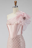 Pink Satin Mermaid Sequins Pearls One Shoulder Corset Long Prom Dress with Slit