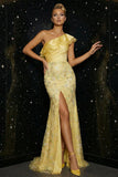 Sparkly Yellow Appliqued One Shoulder Ruffled Mermaid Evening Dress with Slit