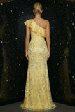 Sparkly Yellow Appliqued One Shoulder Ruffled Mermaid Evening Dress with Slit