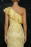 Sparkly Yellow Appliqued One Shoulder Ruffled Mermaid Evening Dress with Slit