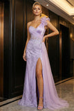 Sparkly Purple Appliqued Ruffled One Shoulder Mermaid Evening Dress with Slit