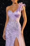 Sparkly Purple Appliqued Ruffled One Shoulder Mermaid Evening Dress with Slit
