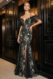 Sparkly Black Appliqued Cold Shoulder Mermaid Evening Dress with Slit