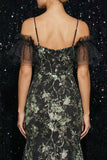 Sparkly Black Appliqued Cold Shoulder Mermaid Evening Dress with Slit