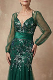 Dark Green Sequins Mermaid Long Sleeves Mother of the Bride Dress