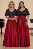 A-Line Black Red Satin Long Choir Dress with Short Sleeves