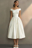 Simple White Off the Shoulder A Line Midi Engagement Dress