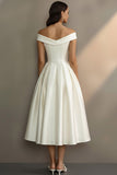Simple White Off the Shoulder A Line Midi Engagement Dress