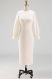 Simple White Sheath Crew Neck Midi Engagement Dress with Long Sleeves