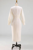 Simple White Sheath Crew Neck Midi Engagement Dress with Long Sleeves
