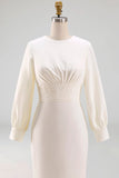 Simple White Sheath Crew Neck Midi Engagement Dress with Long Sleeves