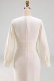 Simple White Sheath Crew Neck Midi Engagement Dress with Long Sleeves