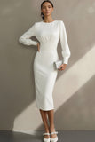 Simple White Sheath Crew Neck Midi Engagement Dress with Long Sleeves