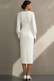 Simple White Sheath Crew Neck Midi Engagement Dress with Long Sleeves