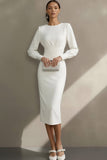 Simple White Sheath Crew Neck Midi Engagement Dress with Long Sleeves