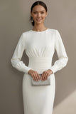 Simple White Sheath Crew Neck Midi Engagement Dress with Long Sleeves