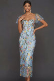 Floral Mauve Tulle Sheath Midi Wedding Guest Dress with Sleeves