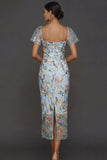Floral Mauve Tulle Sheath Midi Wedding Guest Dress with Sleeves