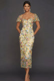 Floral Mauve Tulle Sheath Midi Wedding Guest Dress with Sleeves